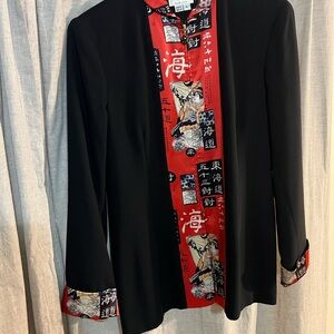 100% silk collar and wrist with Asian print Black and Red Women's Jacket